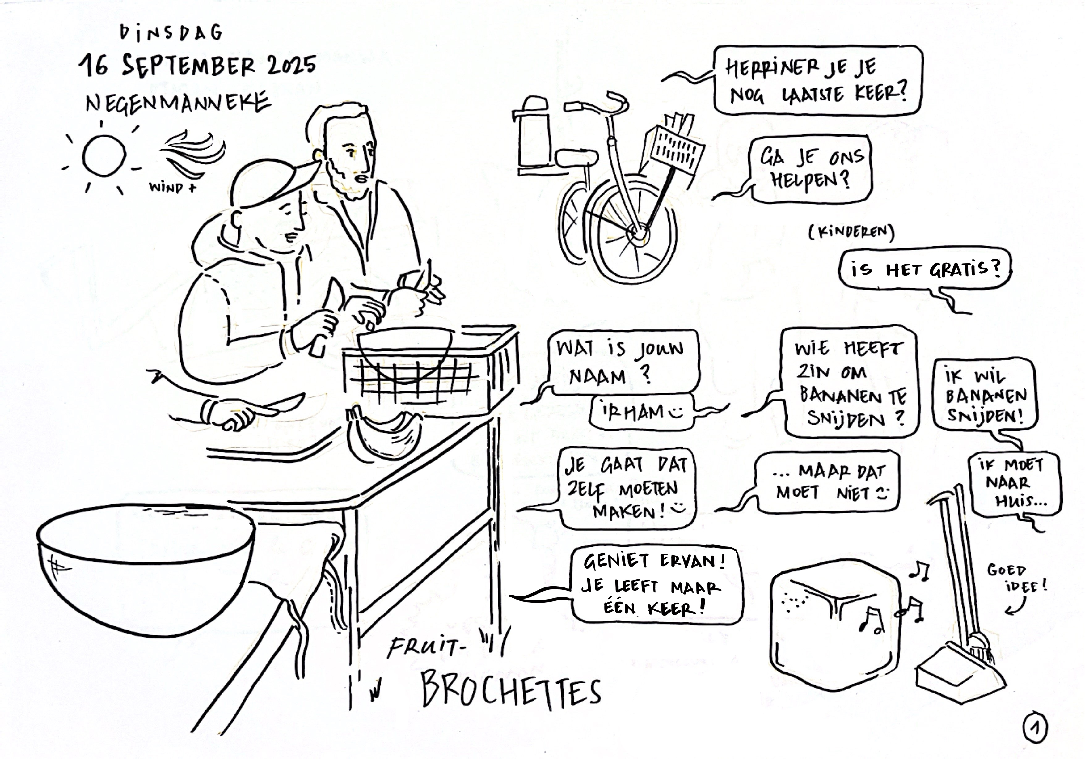 tekening van de mobiele keuken en andere elementen van het ontmoetingsmoment zoals een muziekbox, en tekstballonnen