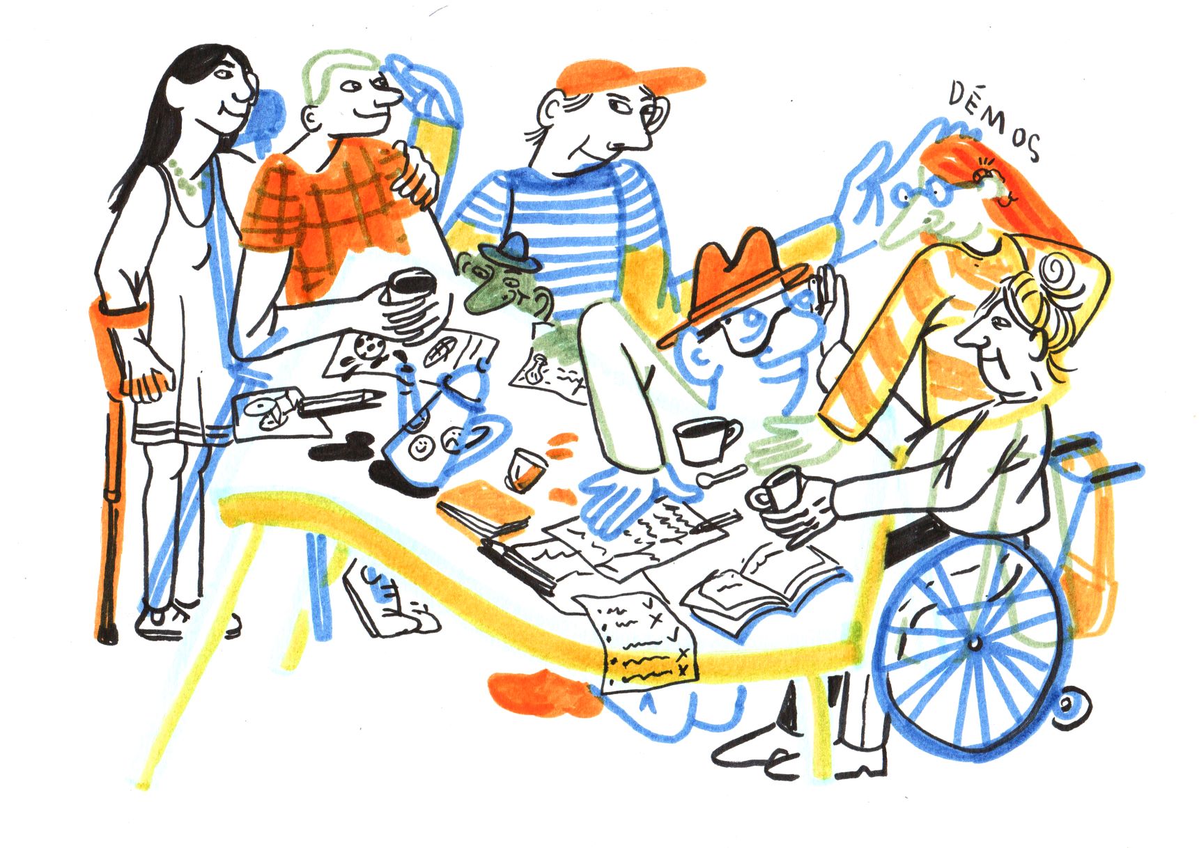 tekening van een diverse groep in gesprek dicht op elkaar