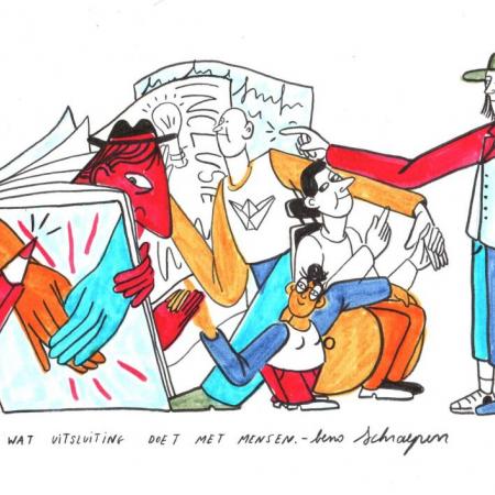tekening van presentatie Wat uitsluiting doet met mensen van Beno Schraepen