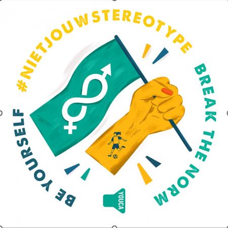 Oproep #nietjouwstereotype Youca illustratie vlaggen gendertekens en voetballende jongeren, groen en geel