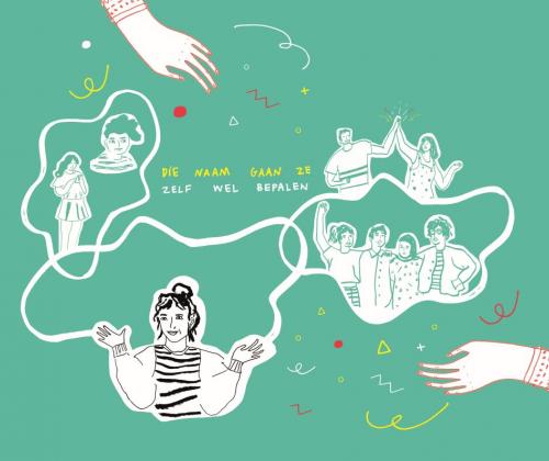 illustratie met twee handen en jongeren en kleine figuren